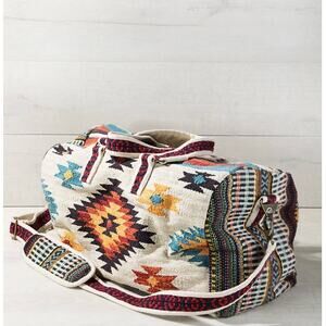 Handmade Navajo Pattern Cotton Duffel Bag with Suede Straps — Ivory